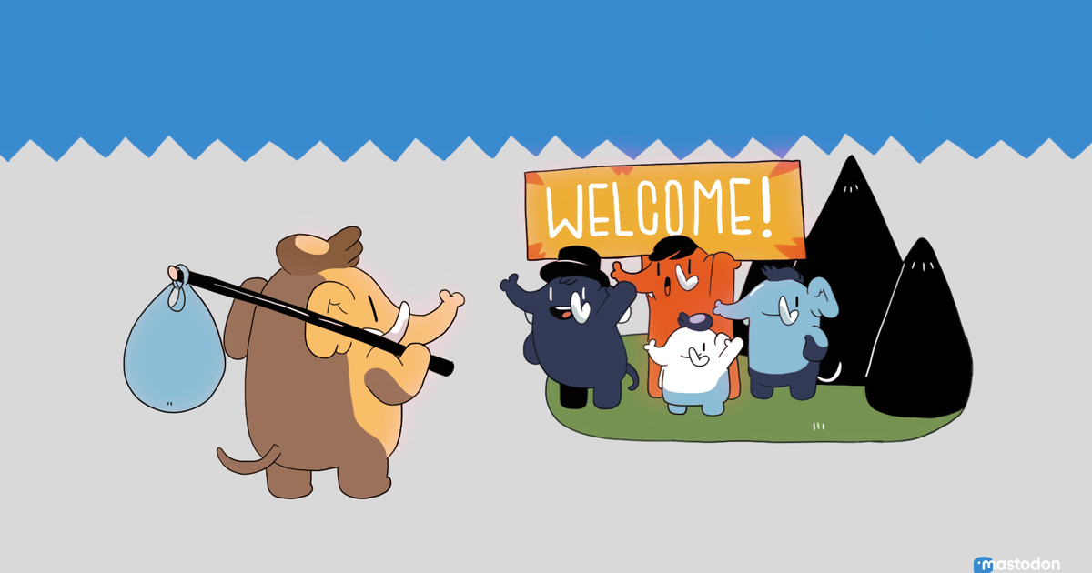An illustration for the Mastodon app. A mastodon (elephant looking animal) is traveling, and is greeted by a "Welcome!" sign and four other animals cheering.